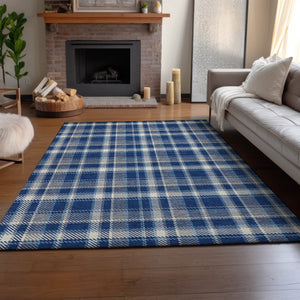 HomeRoots 8' X 10' Navy Blue and Ivory Plaid Washable Area Rug - Durable, Stain Resistant, UV Protected Style 649448