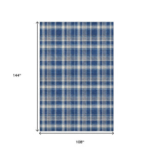 HomeRoots 9' X 12' Navy Blue & Ivory Plaid Area Rug - Washable, UV-Protected, Perfect for High-Traffic Spaces! 649449