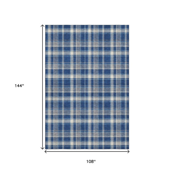 HomeRoots 9' X 12' Navy Blue & Ivory Plaid Area Rug - Washable, UV-Protected, Perfect for High-Traffic Spaces! 649449
