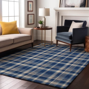 HomeRoots 9' X 12' Navy Blue & Ivory Plaid Area Rug - Washable, UV-Protected, Perfect for High-Traffic Spaces! 649449