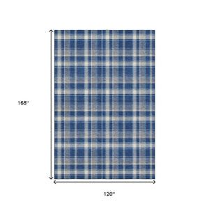 HomeRoots 10' Navy Blue & Ivory Plaid Washable Area Rug - UV Protected, Stain-Resistant, Perfect for Busy Homes! 649450