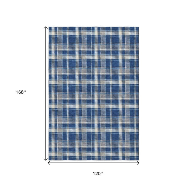 HomeRoots 10' Navy Blue & Ivory Plaid Washable Area Rug - UV Protected, Stain-Resistant, Perfect for Busy Homes! 649450