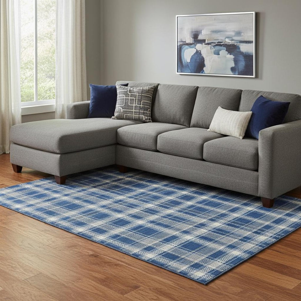 HomeRoots 10' Navy Blue & Ivory Plaid Washable Area Rug - UV Protected, Stain-Resistant, Perfect for Busy Homes! 649450