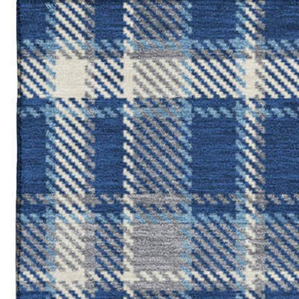HomeRoots 10' Navy Blue & Ivory Plaid Washable Area Rug - UV Protected, Stain-Resistant, Perfect for Busy Homes! 649450