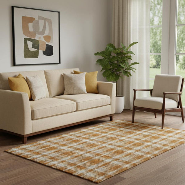 HomeRoots 5' X 8' Rust And Ivory Plaid Washable Area Rug – Stylish UV-Protected, Durable & Easy-Clean Design 649452