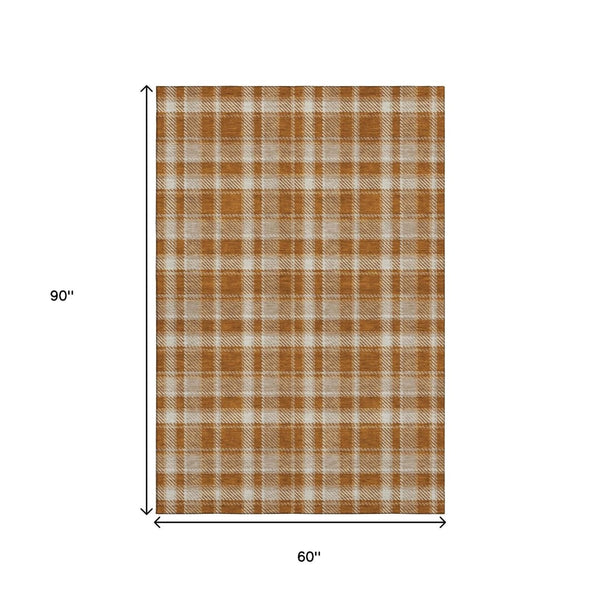 HomeRoots 5' X 8' Rust And Ivory Plaid Washable Area Rug – Stylish UV-Protected, Durable & Easy-Clean Design 649452