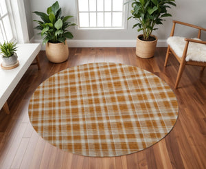 HomeRoots 8' Washable Rust and Ivory Plaid Round Rug with UV Protection for High-Traffic Areas, Easy Care 649453