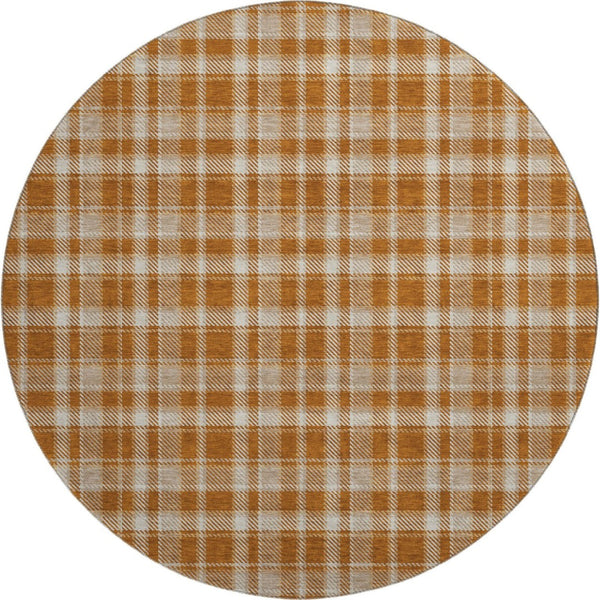 HomeRoots 8' Washable Rust and Ivory Plaid Round Rug with UV Protection for High-Traffic Areas, Easy Care 649453