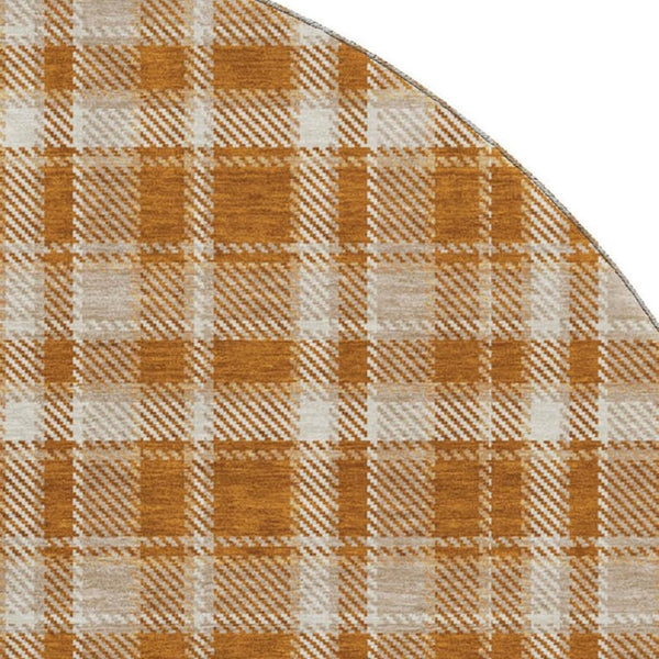 HomeRoots 8' Washable Rust and Ivory Plaid Round Rug with UV Protection for High-Traffic Areas, Easy Care 649453
