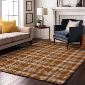 HomeRoots 8' X 10' Washable Plaid Area Rug in Rust and Ivory - Durable, UV-Protected, Stain-Resistant Design 649454