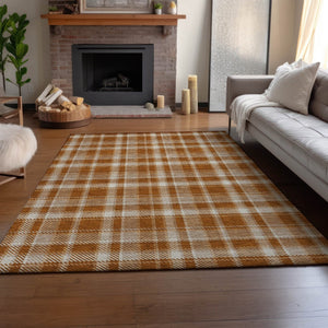 HomeRoots 8' X 10' Washable Plaid Area Rug in Rust and Ivory - Durable, UV-Protected, Stain-Resistant Design 649454