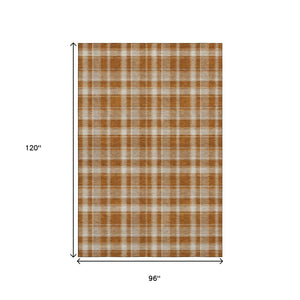HomeRoots 8' X 10' Washable Plaid Area Rug in Rust and Ivory - Durable, UV-Protected, Stain-Resistant Design 649454