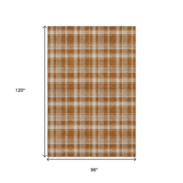 HomeRoots 8' X 10' Washable Plaid Area Rug in Rust and Ivory - Durable, UV-Protected, Stain-Resistant Design 649454