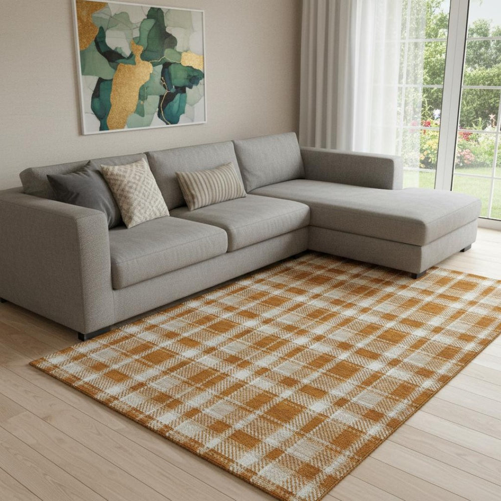 HomeRoots 9' X 12' Washable Rust and Ivory Plaid Area Rug with UV Protection for Timeless Home Elegance 649455