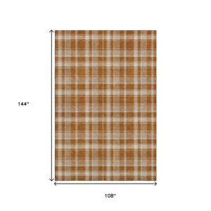 HomeRoots 9' X 12' Washable Rust and Ivory Plaid Area Rug with UV Protection for Timeless Home Elegance 649455
