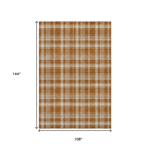 HomeRoots 9' X 12' Washable Rust and Ivory Plaid Area Rug with UV Protection for Timeless Home Elegance 649455