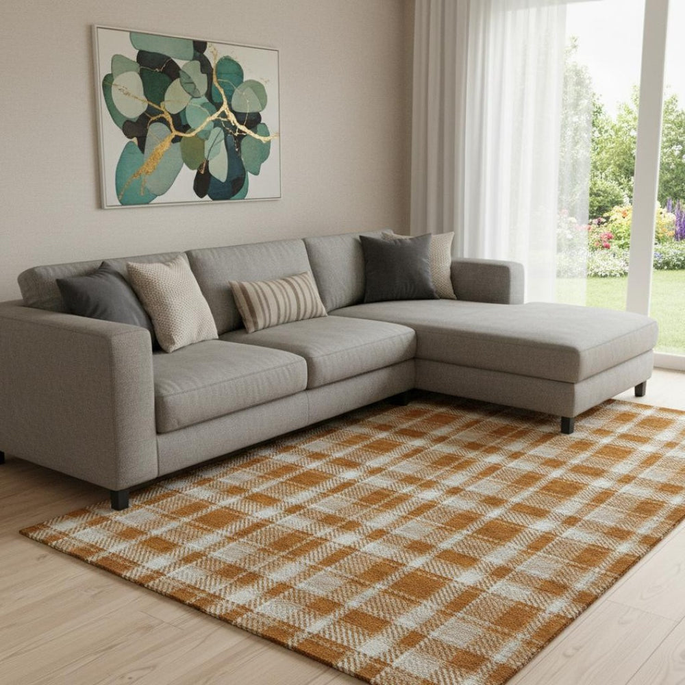 HomeRoots 10' X 14' Classic Rust and Ivory Plaid Area Rug – Stain-Resistant, UV Protected for Lasting Beauty 649456
