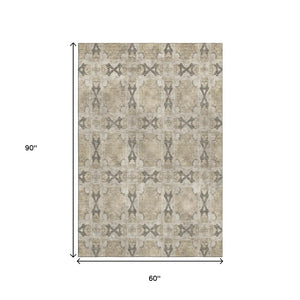 HomeRoots 5' X 8' Elegant Beige Gray Ivory Floral Medallion Area Rug - Washable, UV Protected & Durable Design 649458