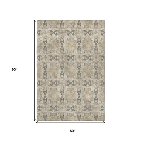 HomeRoots 5' X 8' Elegant Beige Gray Ivory Floral Medallion Area Rug - Washable, UV Protected & Durable Design 649458