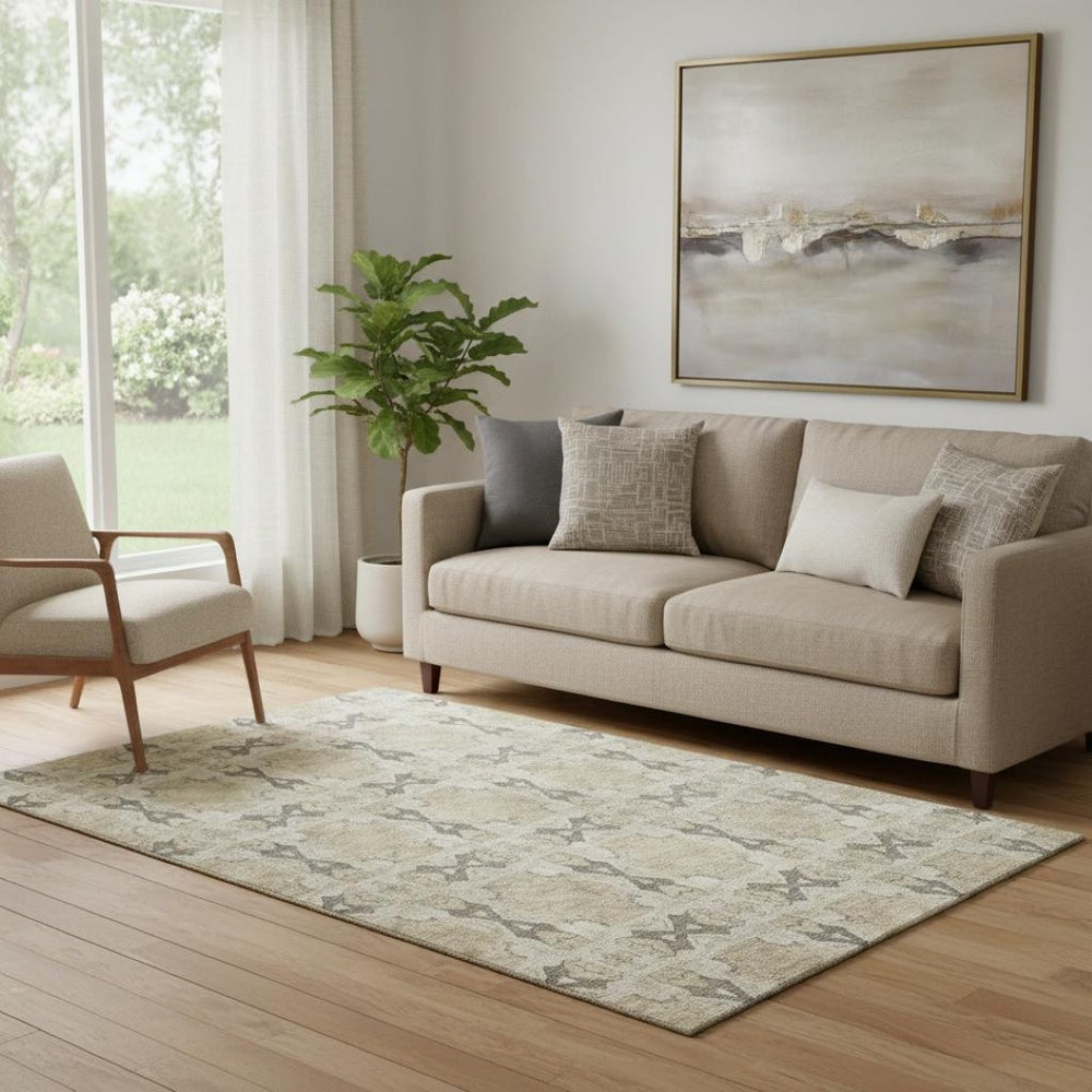 HomeRoots 5' X 8' Elegant Beige Gray Ivory Floral Medallion Area Rug - Washable, UV Protected & Durable Design 649458