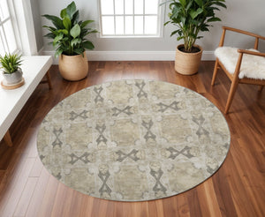HomeRoots 8' Washable Round Rug - Beige, Gray & Ivory Floral Medallion with UV Protection for High-Traffic Areas 649459