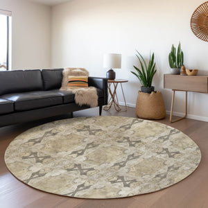 HomeRoots 8' Washable Round Rug - Beige, Gray & Ivory Floral Medallion with UV Protection for High-Traffic Areas 649459