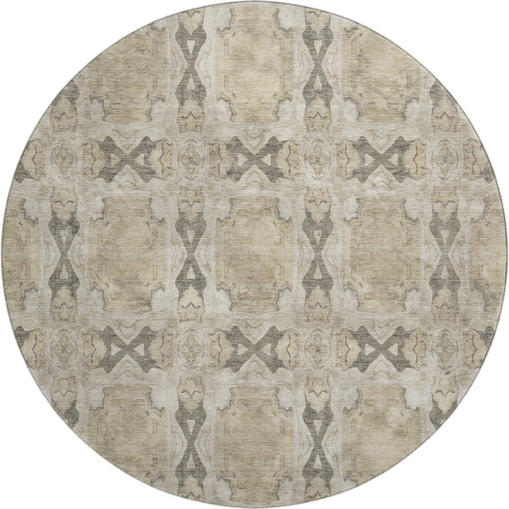 HomeRoots 8' Washable Round Rug - Beige, Gray & Ivory Floral Medallion with UV Protection for High-Traffic Areas 649459