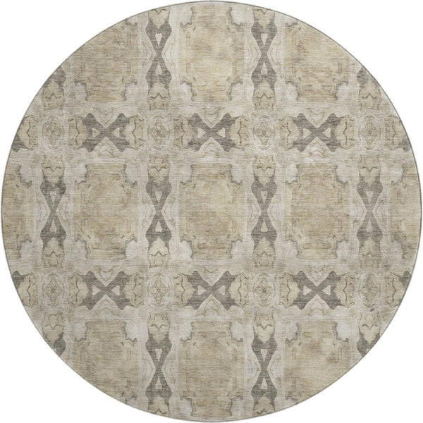HomeRoots 8' Washable Round Rug - Beige, Gray & Ivory Floral Medallion with UV Protection for High-Traffic Areas 649459