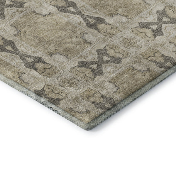 HomeRoots 8' Washable Round Rug - Beige, Gray & Ivory Floral Medallion with UV Protection for High-Traffic Areas 649459