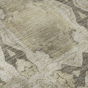 HomeRoots 8' Washable Round Rug - Beige, Gray & Ivory Floral Medallion with UV Protection for High-Traffic Areas 649459