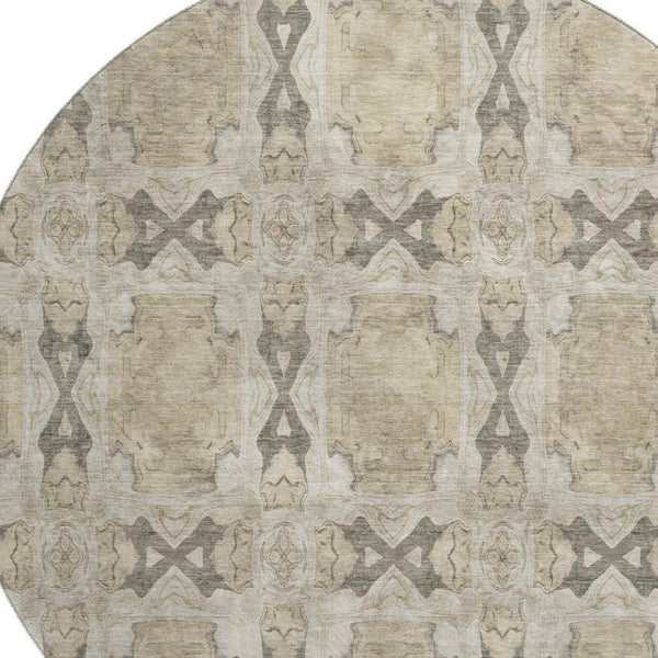 HomeRoots 8' Washable Round Rug - Beige, Gray & Ivory Floral Medallion with UV Protection for High-Traffic Areas 649459