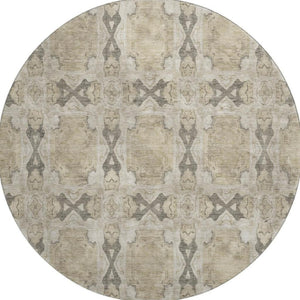 HomeRoots 8' Washable Round Rug - Beige, Gray & Ivory Floral Medallion with UV Protection for High-Traffic Areas 649459