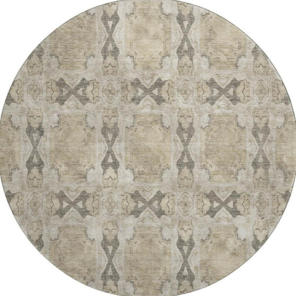 HomeRoots 8' Washable Round Rug - Beige, Gray & Ivory Floral Medallion with UV Protection for High-Traffic Areas 649459