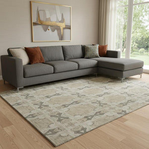 HomeRoots 8' X 10' Beige Gray Ivory Floral Medallion Area Rug - Washable, UV Protected, Elegant & Durable 649460