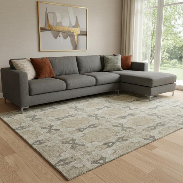 HomeRoots 8' X 10' Beige Gray Ivory Floral Medallion Area Rug - Washable, UV Protected, Elegant & Durable 649460