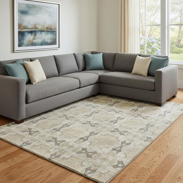 HomeRoots 9' X 12' Beige Gray Ivory Floral Medallion Area Rug - Washable, UV Protected, Durable & Stylish! 649461