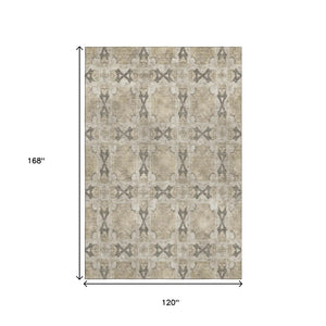 HomeRoots 10' X 14' Elegant Beige Gray Ivory Floral Medallion Area Rug - Washable, UV-Protected & Stain-Resistant 649462