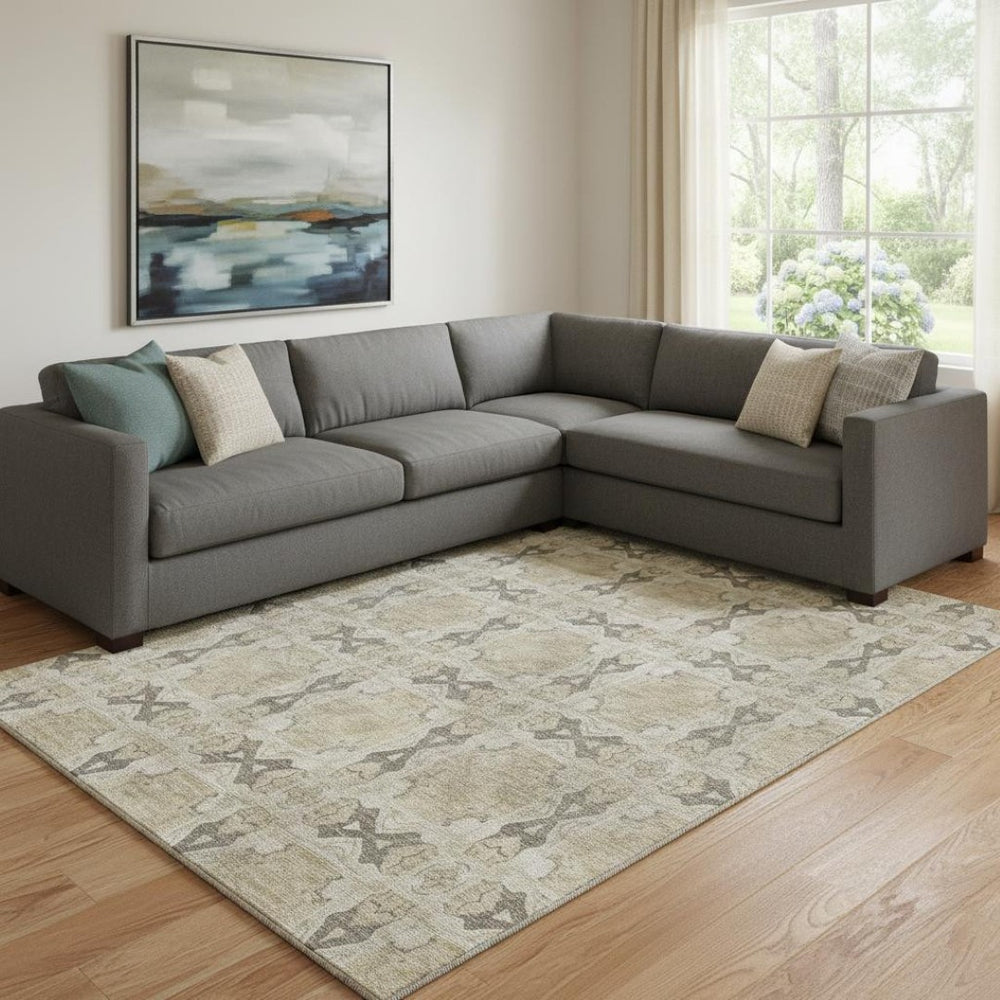 HomeRoots 10' X 14' Elegant Beige Gray Ivory Floral Medallion Area Rug - Washable, UV-Protected & Stain-Resistant 649462