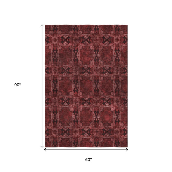 HomeRoots 5' X 8' Burgundy Red & Gray Floral Medallion Area Rug - Washable, UV-Protected, Stain Resistant Elegance 649464