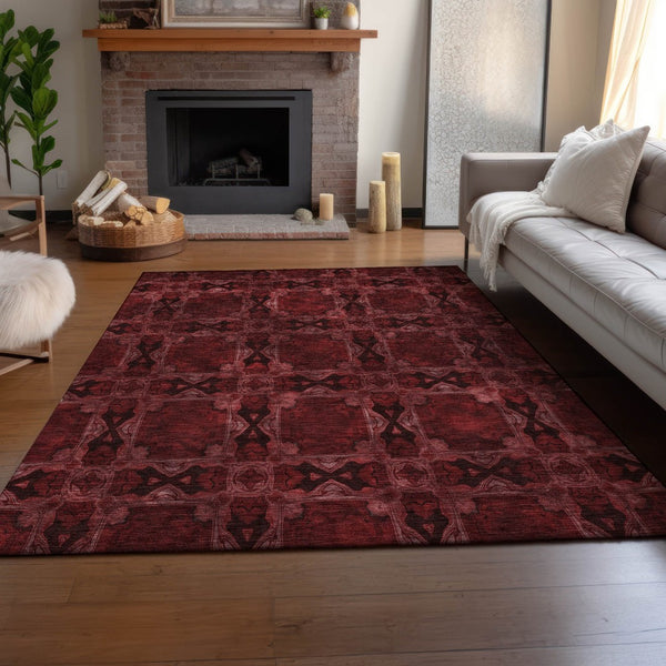 HomeRoots 5' X 8' Burgundy Red & Gray Floral Medallion Area Rug - Washable, UV-Protected, Stain Resistant Elegance 649464