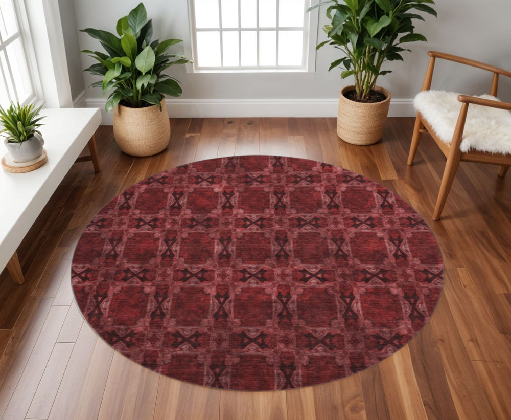 HomeRoots 8' Burgundy Red and Gray Floral Medallion Washable Round Rug - Durable, UV-Protected, Stylish Comfort 649465