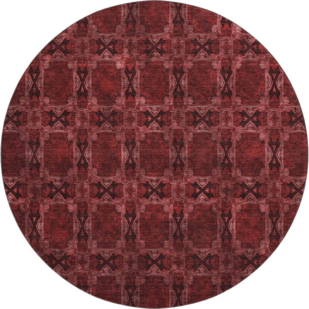 HomeRoots 8' Burgundy Red and Gray Floral Medallion Washable Round Rug - Durable, UV-Protected, Stylish Comfort 649465