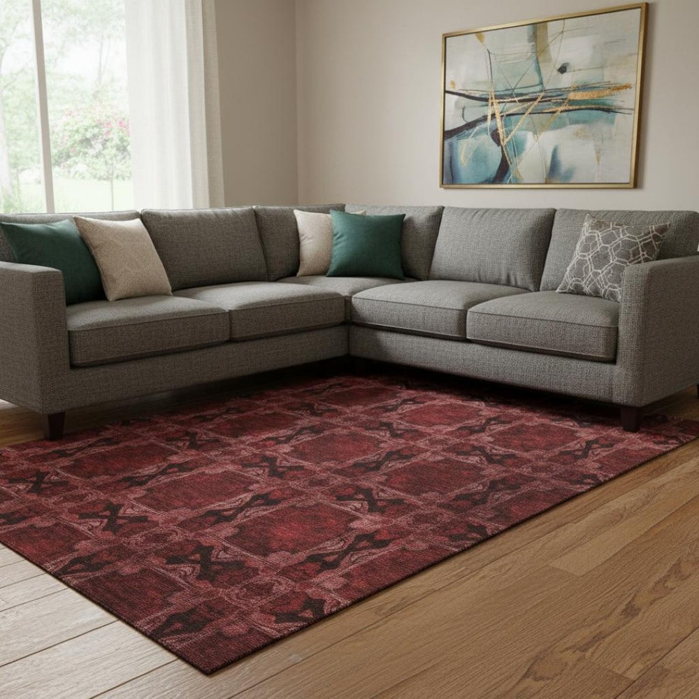 HomeRoots 8' X 10' Burgundy Red & Gray Floral Medallion Area Rug - Washable, UV-Protected & Stain Resistant! 649466