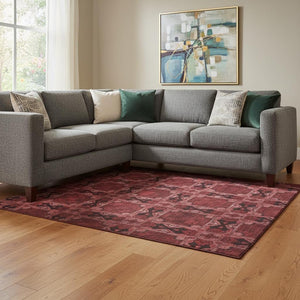 HomeRoots 9' X 12' Burgundy Red & Gray Floral Medallion Area Rug – Durable, Washable, UV Protected & Stylish! 649467
