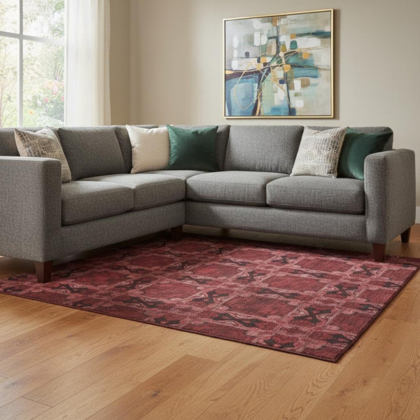 HomeRoots 9' X 12' Burgundy Red & Gray Floral Medallion Area Rug – Durable, Washable, UV Protected & Stylish! 649467