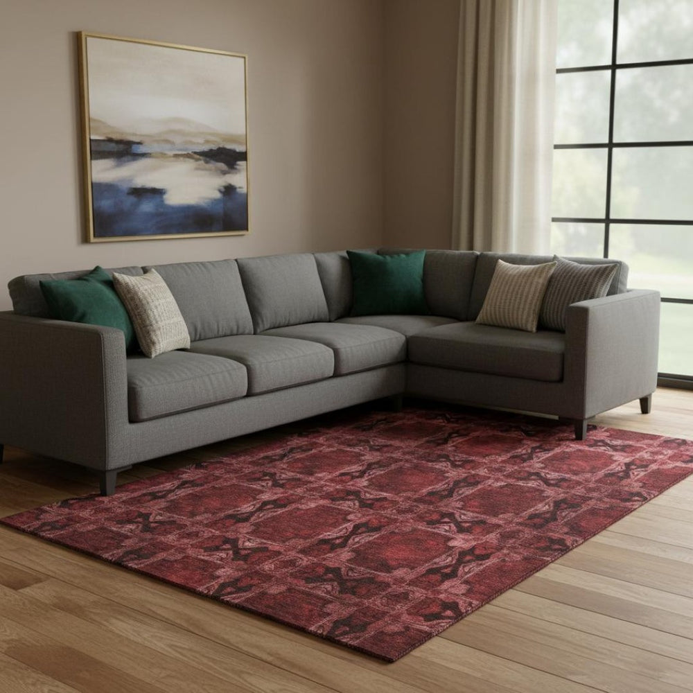 HomeRoots 10' X 14' Burgundy Red & Gray Floral Medallion Area Rug - Washable, UV Protected, Pet Friendly Design 649468