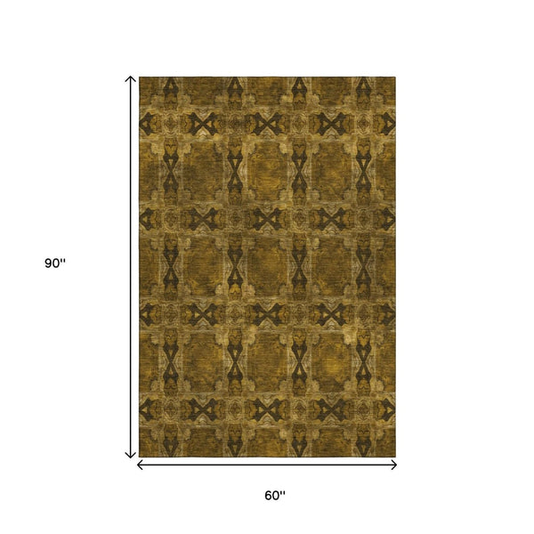 HomeRoots 5' Chocolate & Gold Floral Medallion Area Rug - Washable, UV Protected, Perfect for Families & Pets 649470