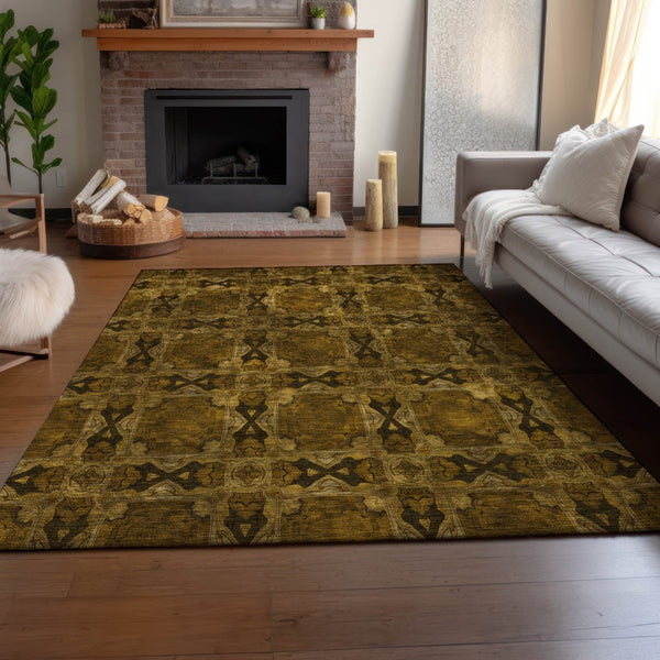 HomeRoots 5' Chocolate & Gold Floral Medallion Area Rug - Washable, UV Protected, Perfect for Families & Pets 649470