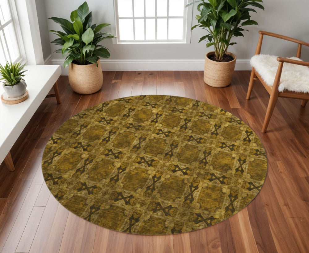 HomeRoots 8' Chocolate and Gold Floral Medallion Washable Round Rug with UV Protection for Timeless Style 649471