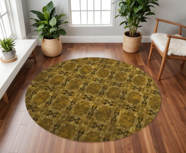 HomeRoots 8' Chocolate and Gold Floral Medallion Washable Round Rug with UV Protection for Timeless Style 649471